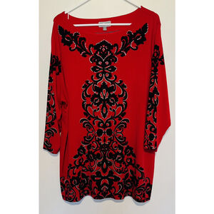 JM Collection Embellished Tunic Women’s 3X Red Rhinestone Floral Scroll Top